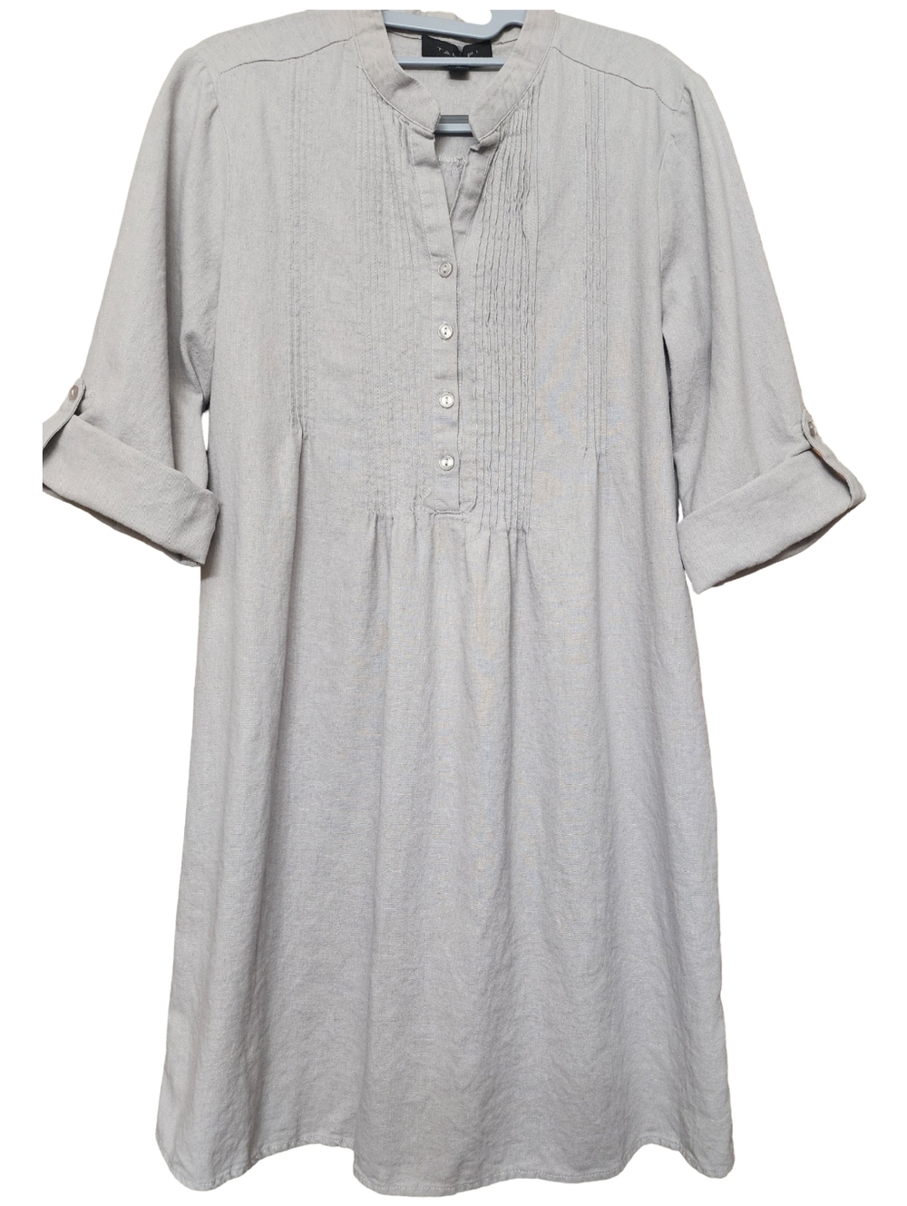 TAHARI Boho Gray Linen Blend Pintuck Shirt Dress - 3/4 Roll-Tab Sleeves - Size S